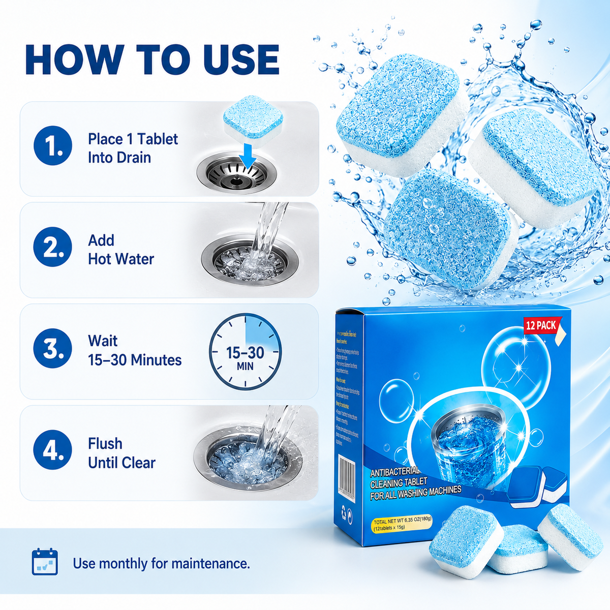 💥Drain Cleaning Tablets 12 Pack For Sinks, Showers & Washing Machines